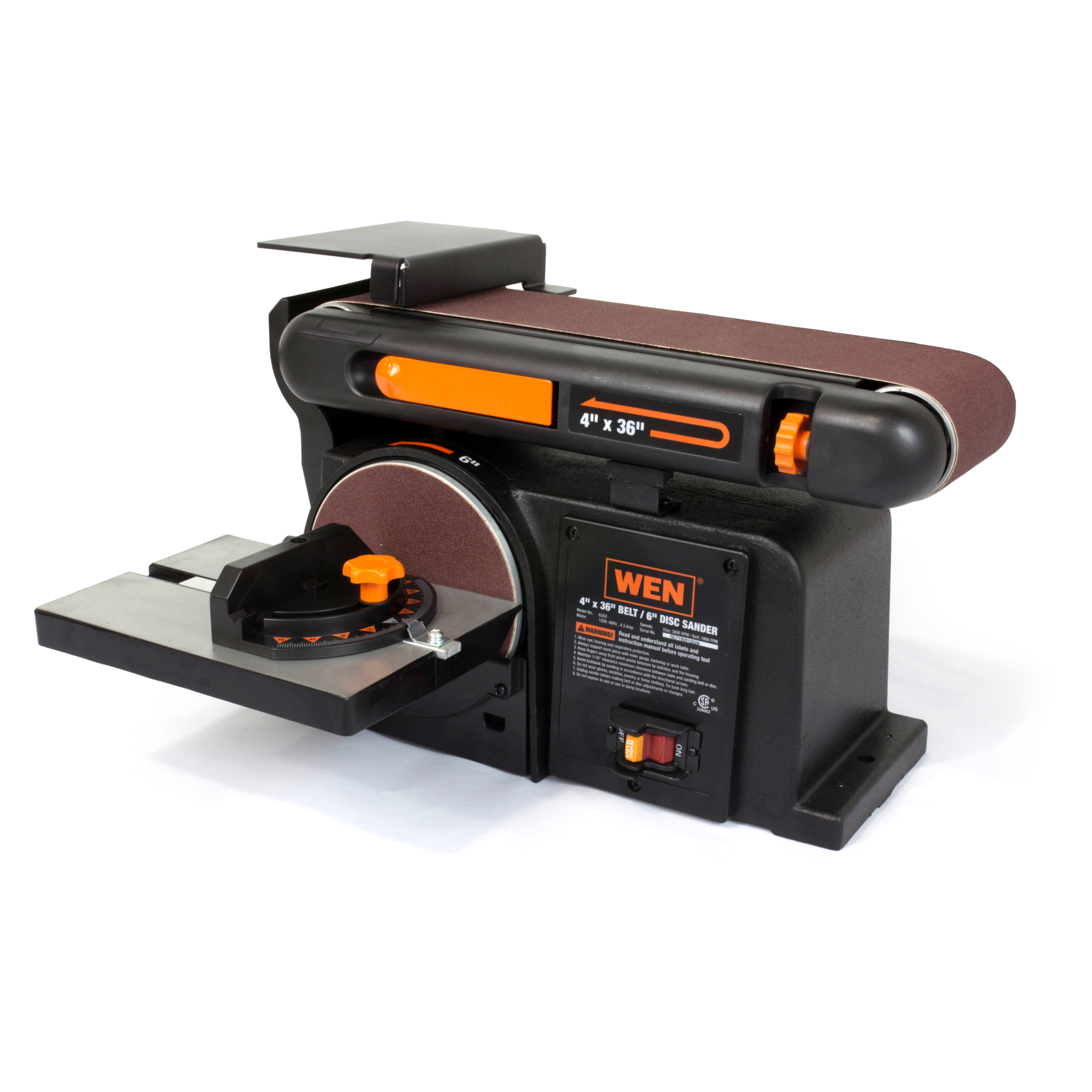 WEN Belt and Disc Sander - 4.3 Amp, 4in. x 36in. Belt, 6in. Disc, 3600 OPM, Cast Iron Base, Model# 6502T